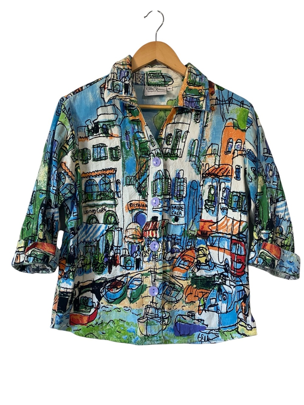 Michael Leu Wearable Art Watercolor Cotton Colorful Button-Up Shirt M